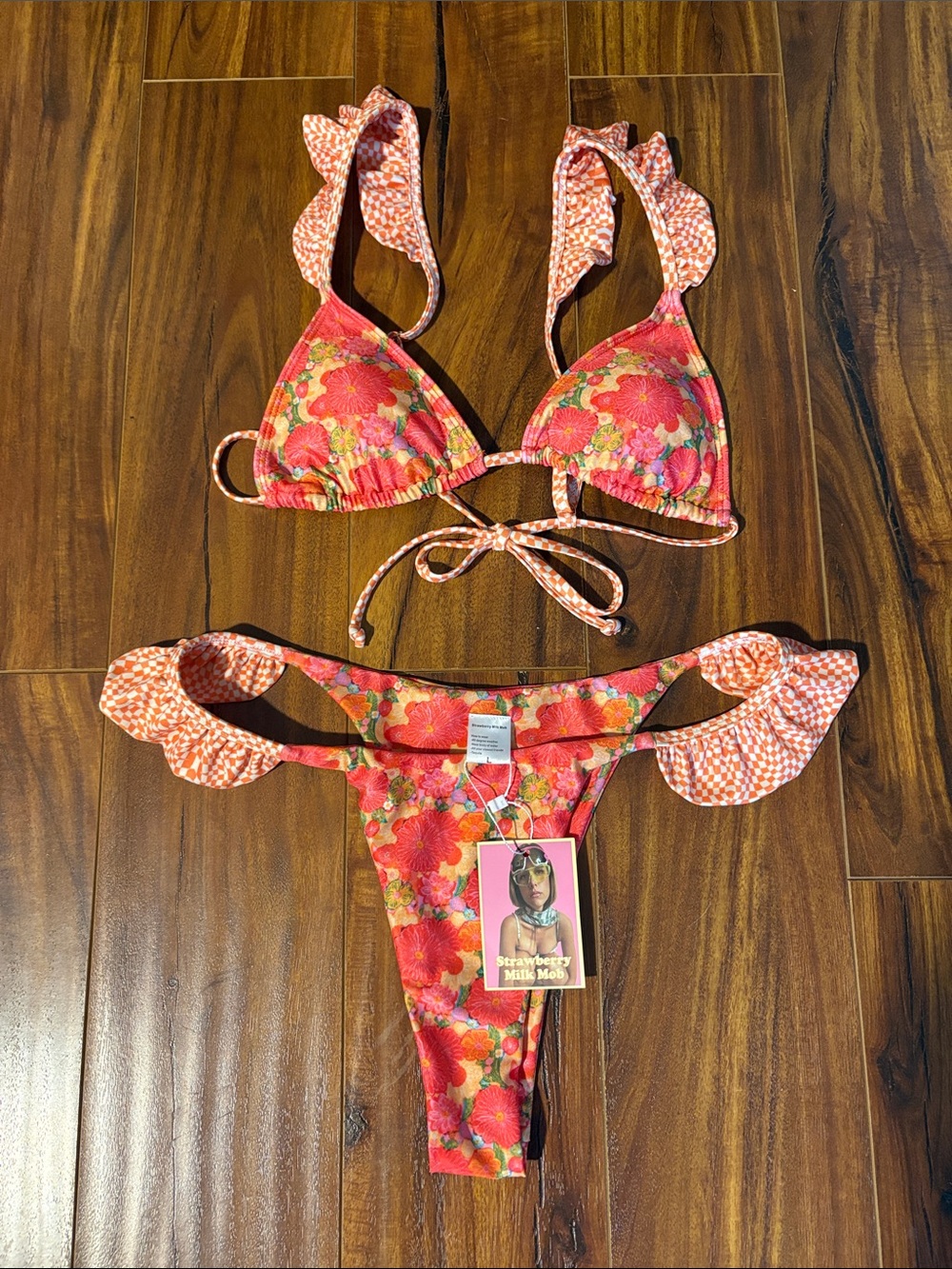 Strawberry Milk Mob Pink & Orange Floral Ruffle Bikini